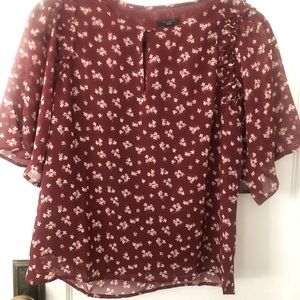 New Ann Taylor Factory Burgundy with Delicate Pink Flowers Lined Blouse